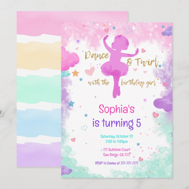 Invitation d'anniversaire de Ballerina (Devant / Derrière)