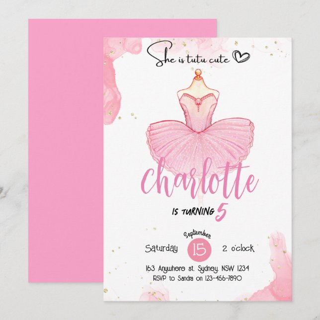 Invitation d'anniversaire de ballet mignonne tutu (Devant / Derrière)