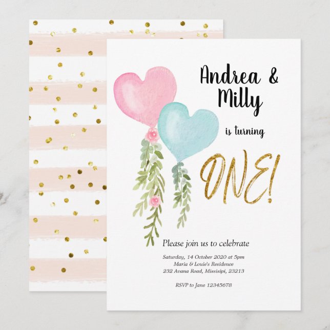 Invitation d'anniversaire de ballons jumeaux garço (Devant / Derrière)