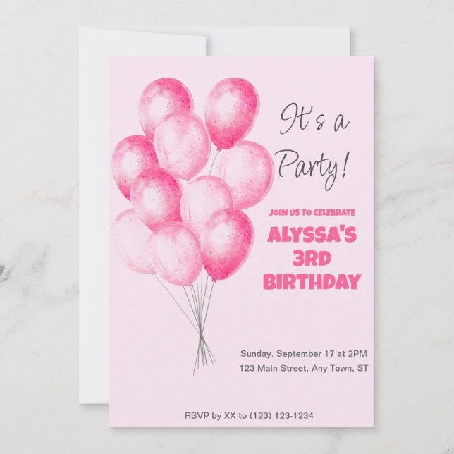 Invitation d'anniversaire de ballons roses (Devant)