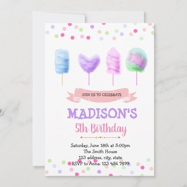 Invitation d'anniversaire de barbe à papa mignonne (Devant)