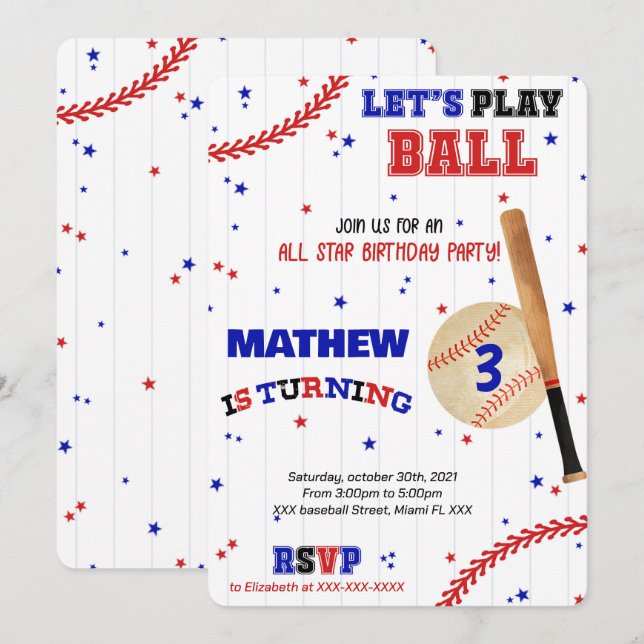 Invitation d'anniversaire de baseball (Devant / Derrière)