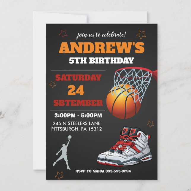 Invitation d'anniversaire de basketball Orange Noi (Devant)