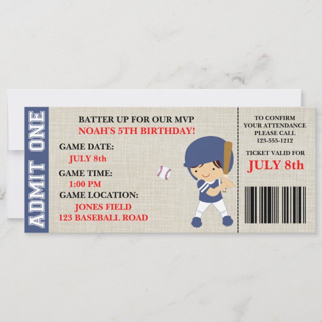 Invitation d'anniversaire de billet de base-ball (Devant)