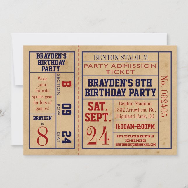Invitation d'anniversaire de billet de sports de (Devant)
