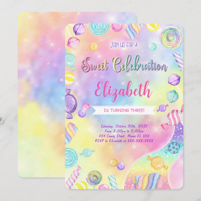 Invitation d'anniversaire de bonbons modifiable (Devant / Derrière)