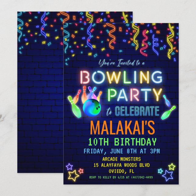 Invitation d'anniversaire de bowling (Devant / Derrière)
