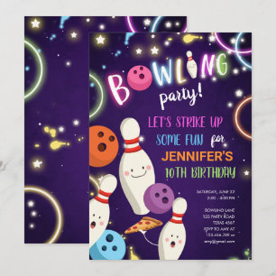 Invitation d'anniversaire de Bowling Glow Neon Dis