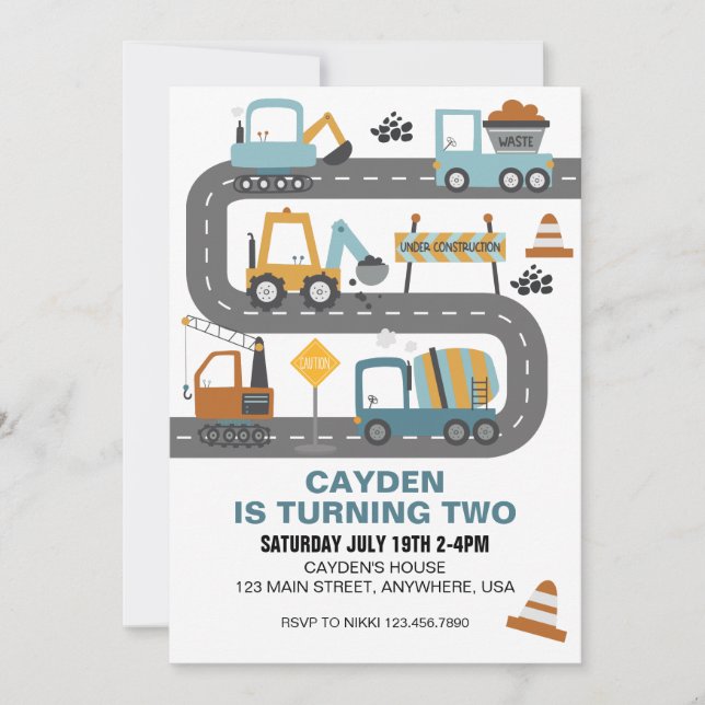 Invitation d'anniversaire de camion de constructio (Devant)