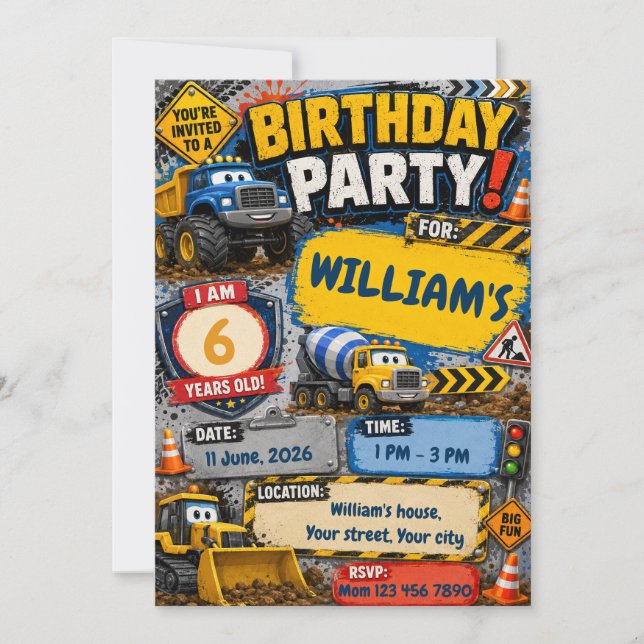 Invitation d'anniversaire de camion de constructio (Devant)