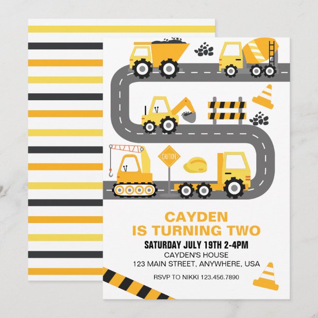 Invitation d'anniversaire de camion de constructio (Devant / Derrière)