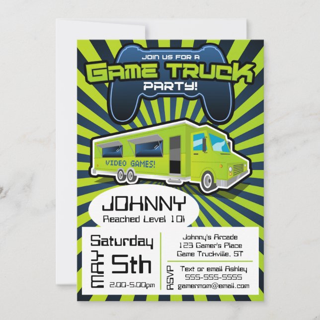Invitation d'anniversaire de camion de jeu vidéo (Devant)