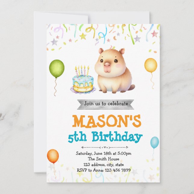 Invitation d'anniversaire de Capybara (Devant)