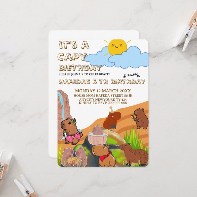 Invitation d'anniversaire de Capybara, Gir rose fl (Devant/Arrière en situation)