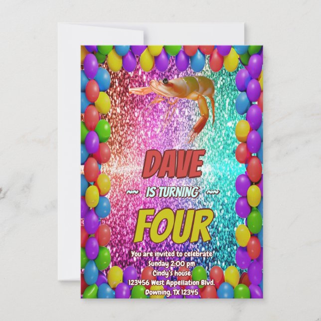 Invitation d'anniversaire de caricatures de crevet (Devant)