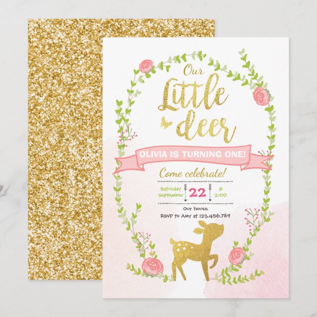 Invitation d'anniversaire de cerf Fête de bois ros (Devant / Derrière)