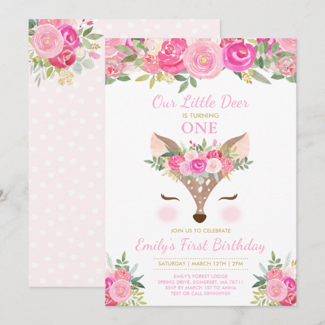Invitation d'anniversaire de cerfs Forêt Florale C (Devant / Derrière)