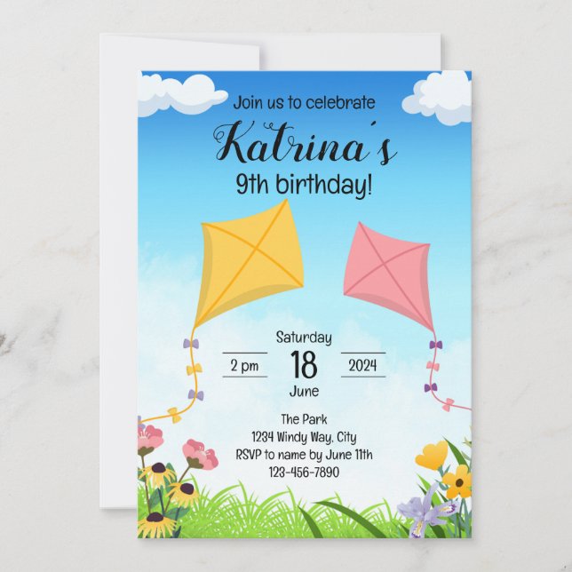 Invitation d'anniversaire de cerfs-volants (Devant)