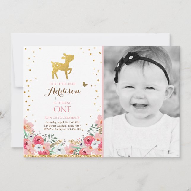 Invitation d'anniversaire de cerfs Woodland Gold P (Devant)