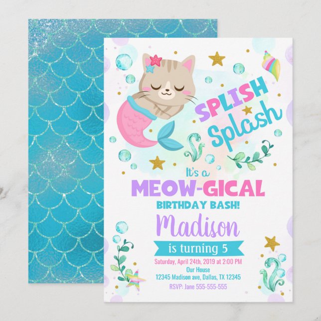 Invitation d'anniversaire de chat sirène, Fête au  (Devant / Derrière)