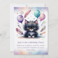 Invitation d'anniversaire de chaton noir Mignon Bo