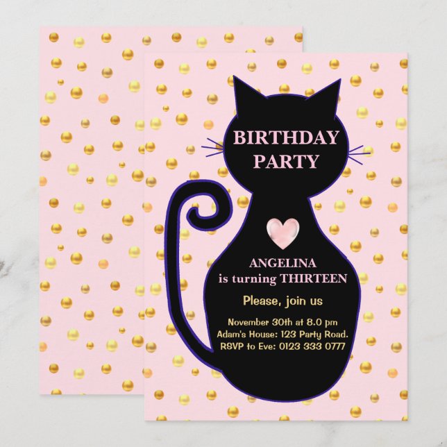 Invitation d'anniversaire de chats mignons (Devant / Derrière)
