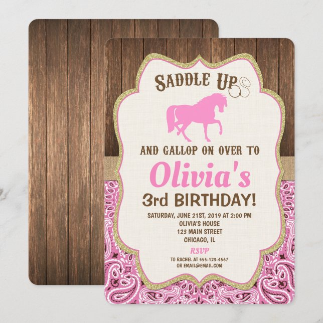 Invitation d'anniversaire de cheval fille d'or ros (Devant / Derrière)