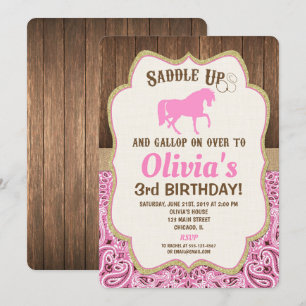 Invitation d'anniversaire de cheval fille d'or ros