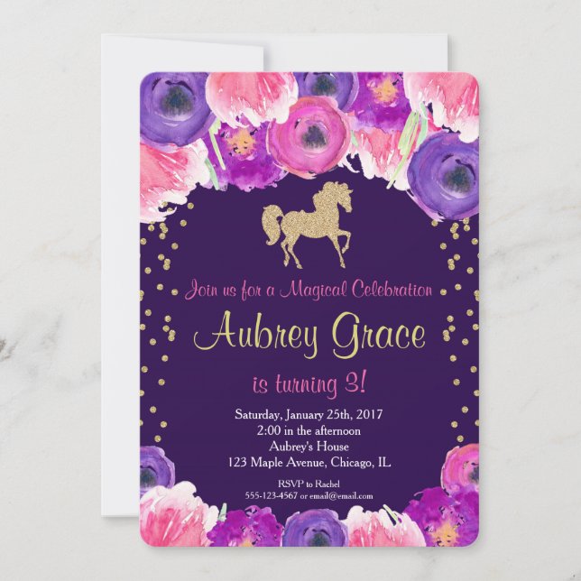Invitation d'anniversaire de cheval, or pourpre (Devant)