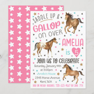 Invitation d'anniversaire de cheval, selle vers le
