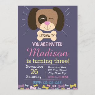 Invitation d'anniversaire de chien (violet)