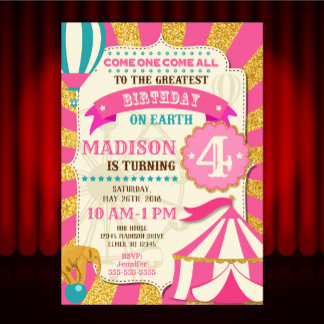 Invitation d'anniversaire de cirque Carnaval Rose 