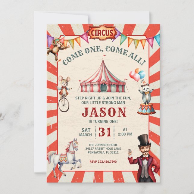 Invitation d'anniversaire de cirque carnaval vinta (Devant)