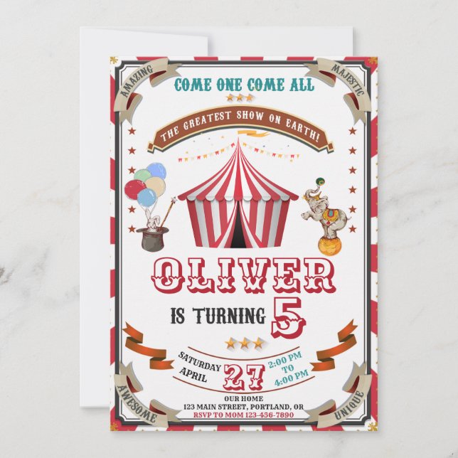 Invitation d'anniversaire de cirque Enfants du Car (Devant)