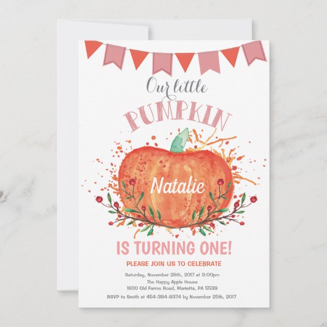 Invitation d'anniversaire de citrouille de fille (Devant)