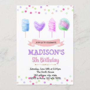 Invitation d'anniversaire de coton de bonbon migno