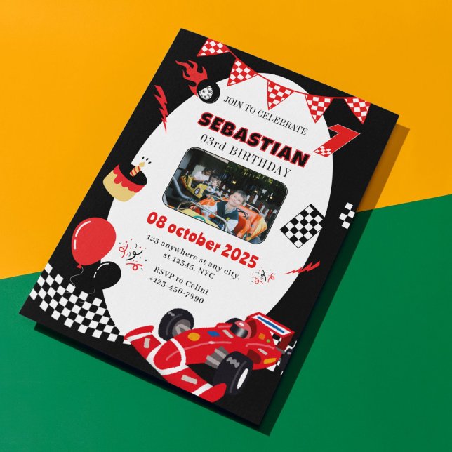 Invitation d'anniversaire de course rouge et noir  (Let’s make your child’s birthday race-tastic! 🚗💨)