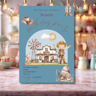 Invitation d'anniversaire de cow-boy bleu mignon