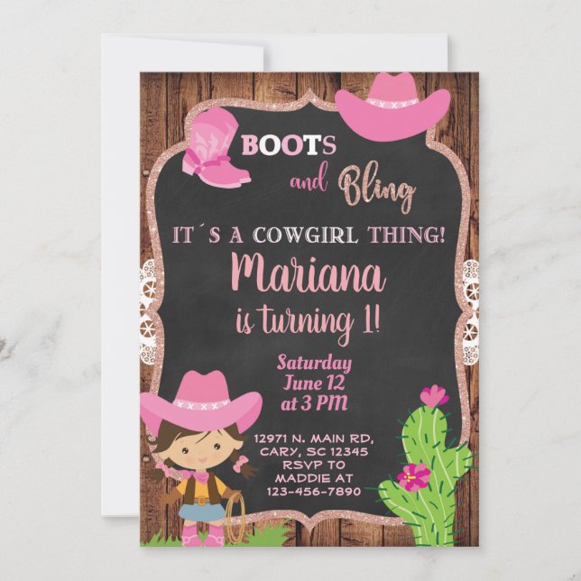 Invitation d'anniversaire de cow-girl à bling rose (Devant)