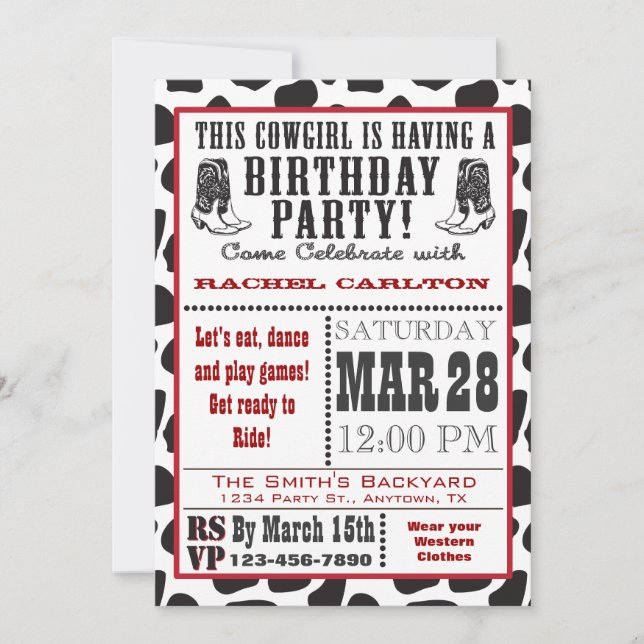 Invitation d'anniversaire de cow-girl d'impression (Devant)