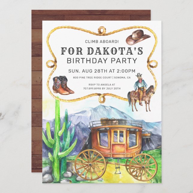 Invitation d'anniversaire de cowboy de l'étape de  (Devant / Derrière)