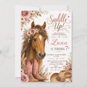 Invitation d'anniversaire de cowgirl au cheval flo