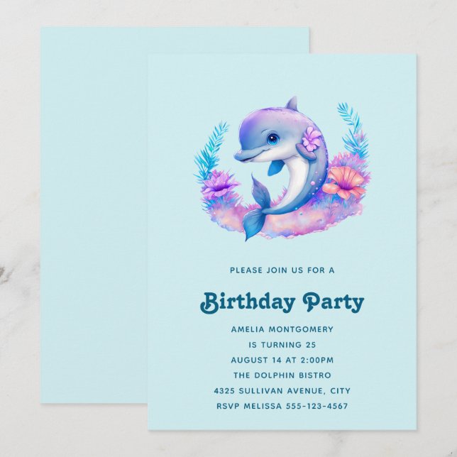Invitation d'anniversaire de créature marine dauph (Devant / Derrière)