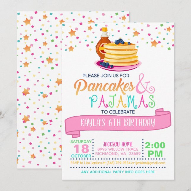 Invitation d'anniversaire de crêpes et de pyjamas (Devant / Derrière)