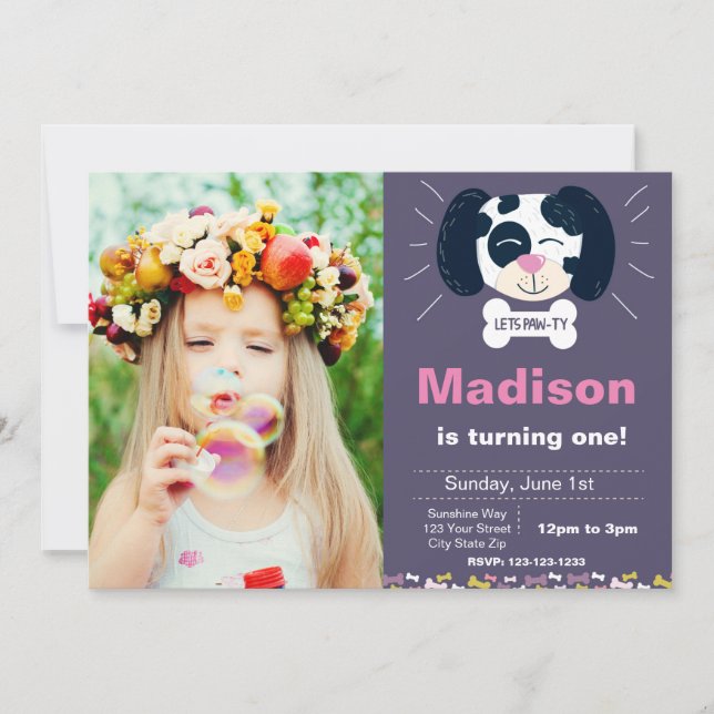 Invitation d'anniversaire de Dalmatie violette ave (Devant)