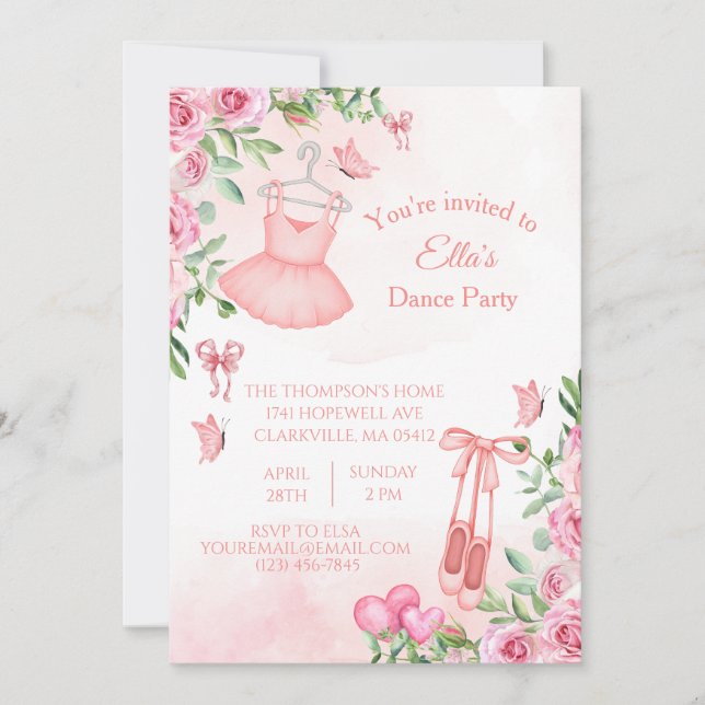 Invitation d'anniversaire de danseuse en rose (Devant)