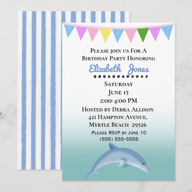 Invitation d'anniversaire de dauphin (Devant / Derrière)