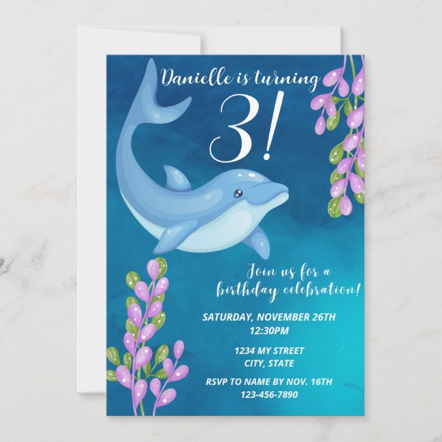 Invitation d'anniversaire de dauphin (Devant)
