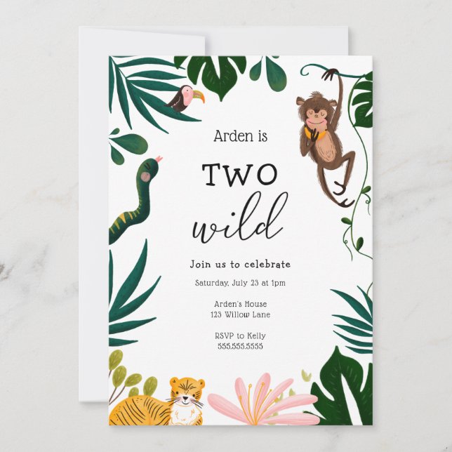Invitation d'anniversaire de deux jungle sauvage (Devant)