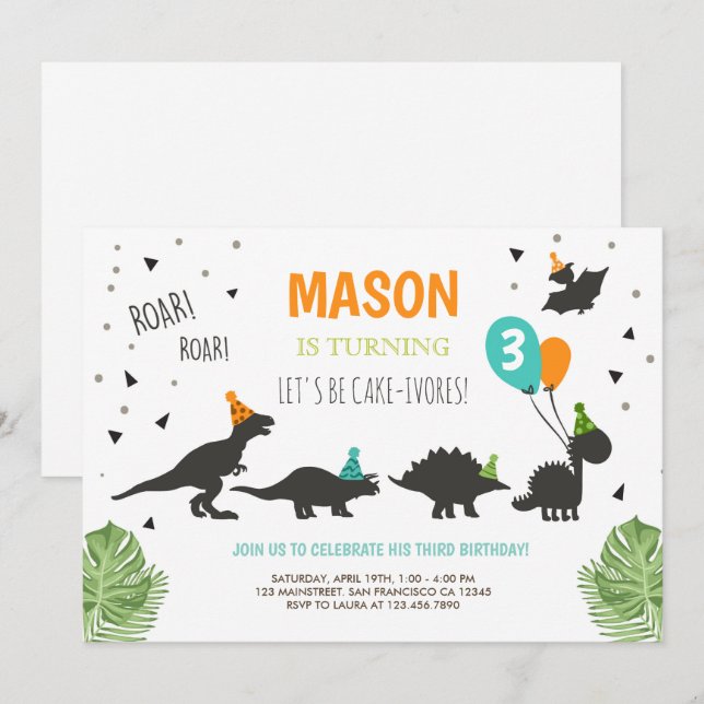 Invitation d'anniversaire de Dinosaur Dino (Devant / Derrière)